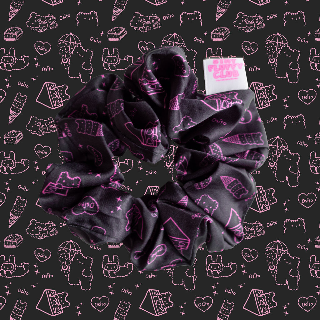 Osito Black and Pink Kawaii Pattern Scrunchie