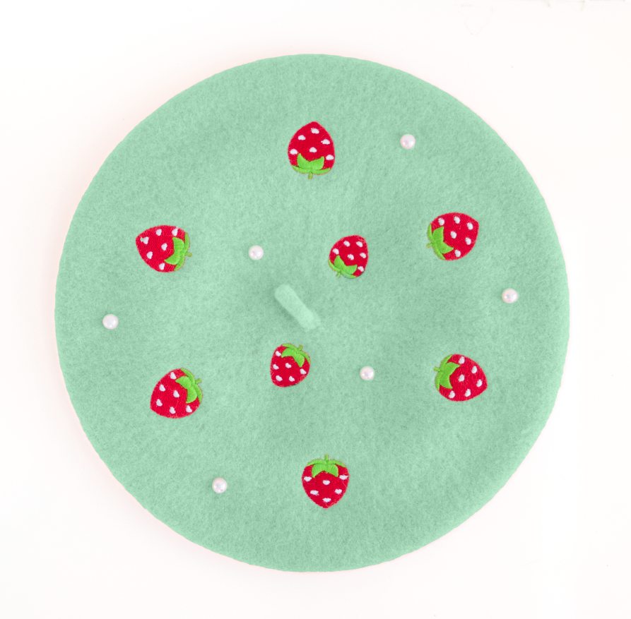 Strawberry Beret Embroidered With Pearls - MULTIPLE COLORS AVAILABLE