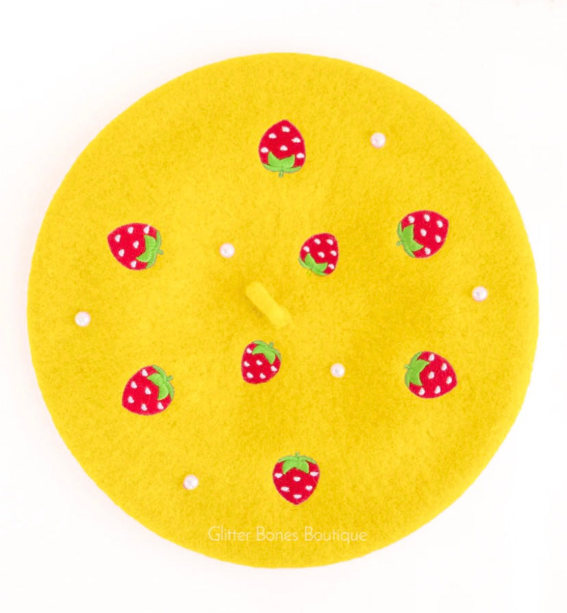 Strawberry Beret Embroidered With Pearls - MULTIPLE COLORS AVAILABLE